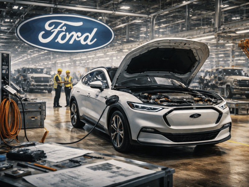 صورة توضيحية مولّدة بالذكاء الاصطناعي عن إعادة فورد حساباتها في سوق السيارات الكهربائية